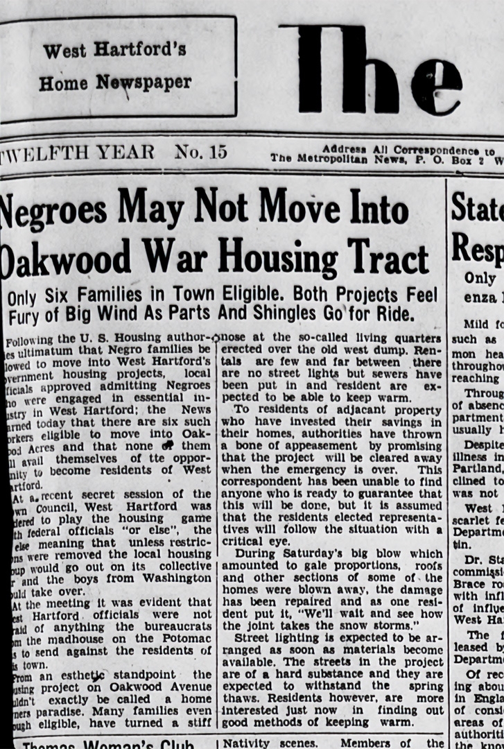 Homeowners living near Oakwood Acres were quoted in a 1943 issue of The Metropolitan News as being “alarmed” and “horrified” at the idea of “Negroes” living in their neighborhood. The paper itself described the situation in harsh, racist language, calling it an “infiltration,” and reported the prevailing sentiment among community homeowners as being: “We don't want them here.”