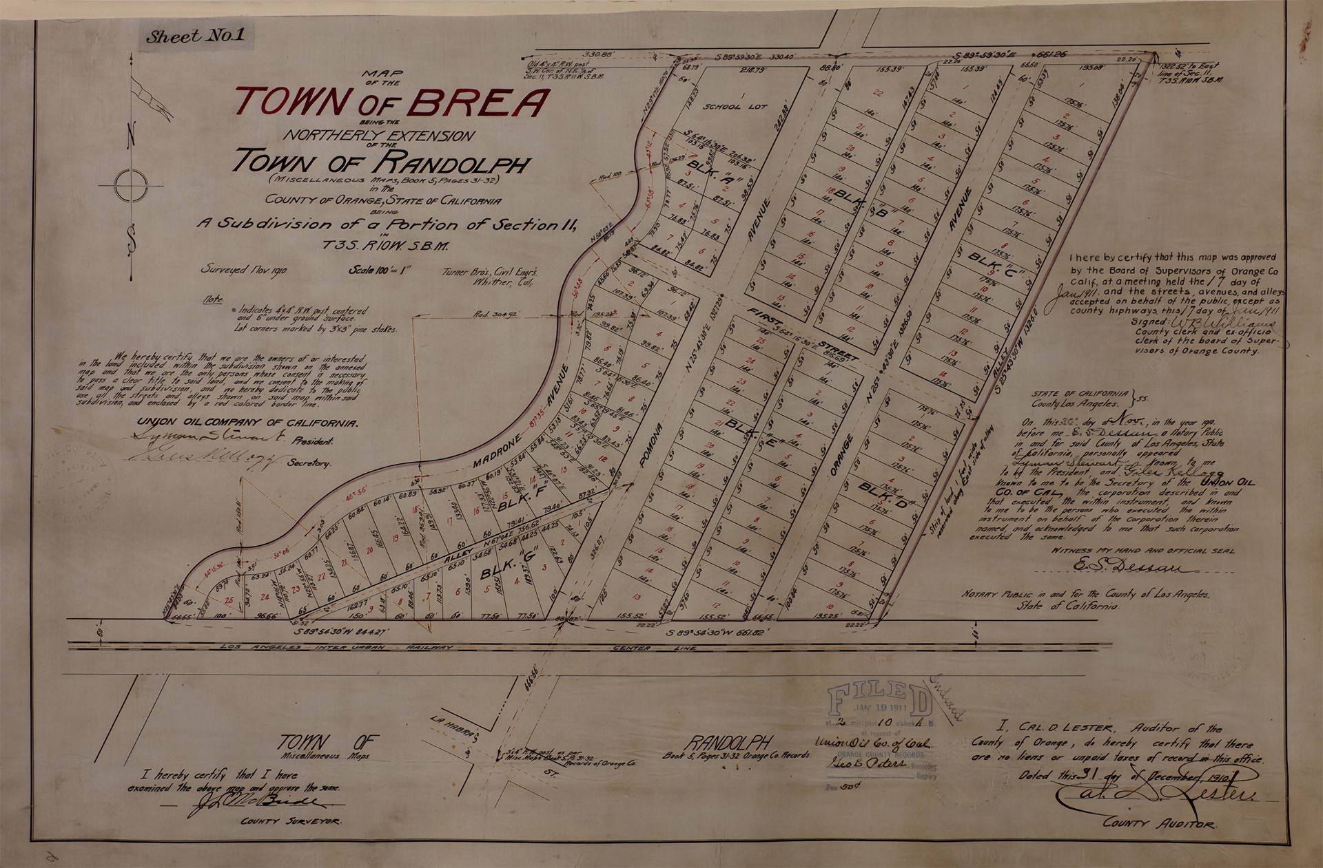 On January 19, 1911, W.J. Hole filed a new map with the County Recorder, changing the name to Brea and expanding the town by several blocks. In 1917, Brea was incorporated into Orange County.