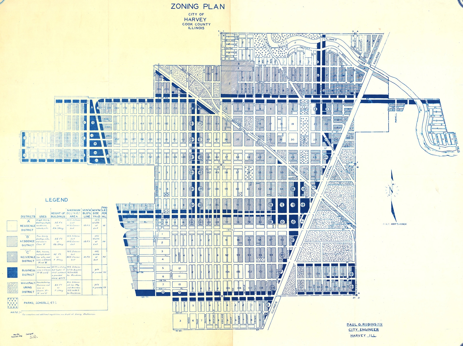 An example of zoning, this map from Harvey, IL includes three types of residential districts (A-C), a business district, a manufacturing district, as well as land set aside for public use.
