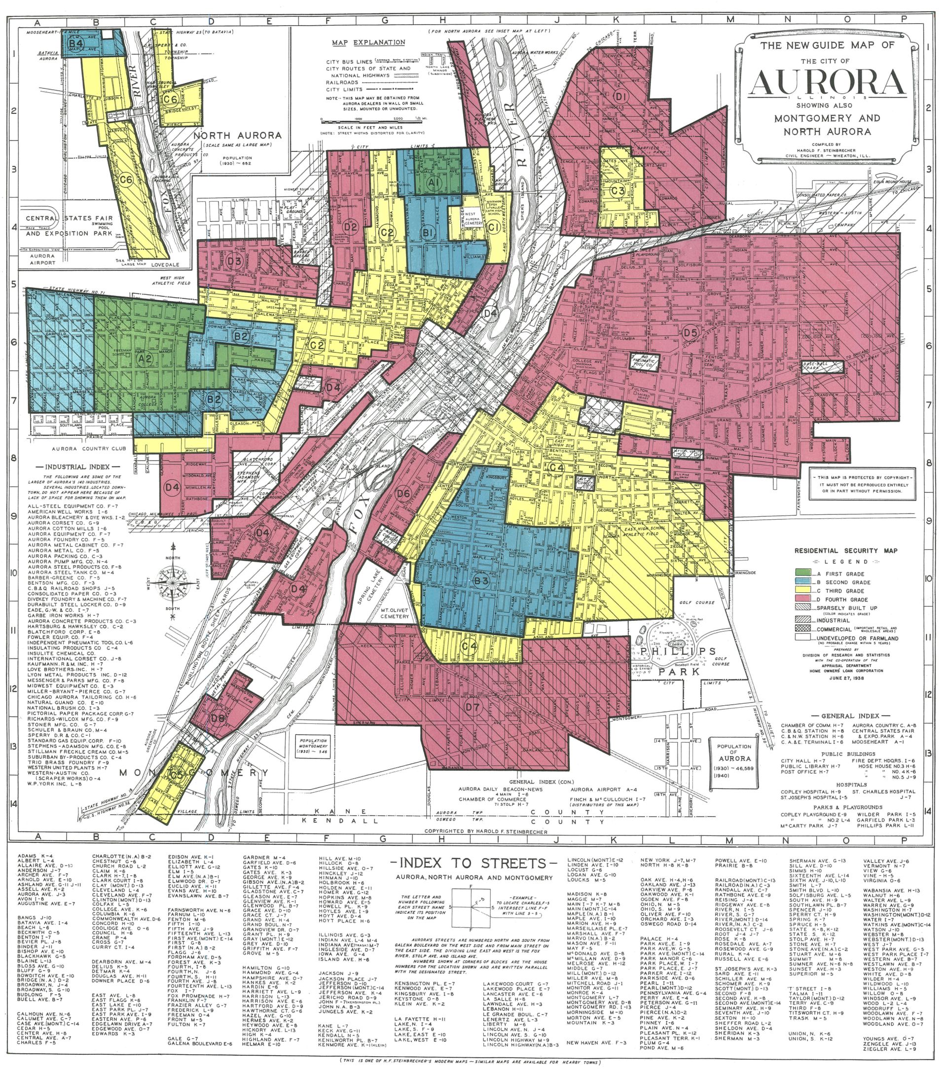 A Home Owners' Loan Corporation (HOLC) map of Aurora, Illinois.