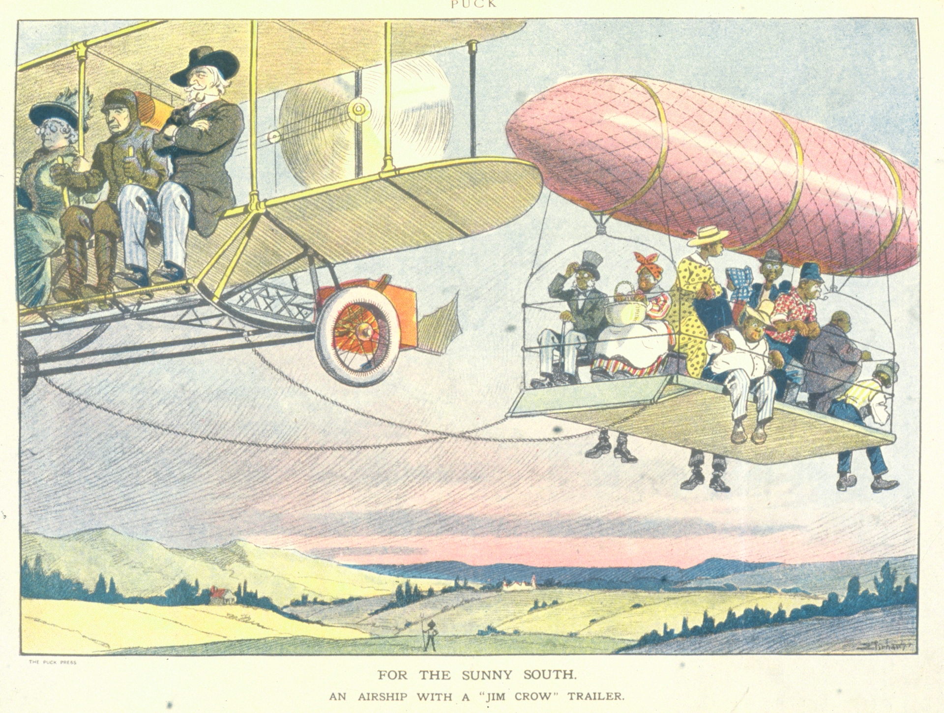 A caricature of the Jim Crow system that shows White people in a plane with Black Americans being pulled on a blimp.