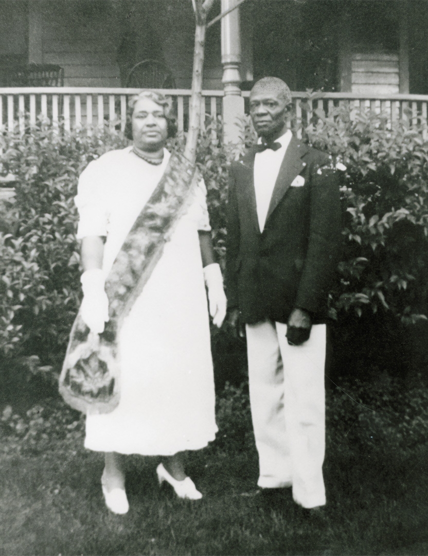 Louise Stewart Shannon and her husband J.W. Shannon in front of their home at 838 Belleforte in 1937. A few years after the Mt. Carmel Baptist Church was demolished in 1931, the local Black population began to dwindle from its high in 1920. Daughter Virgie Shannon Peerman recalled that her parents' friends urged them to move from Oak Park and her mother replied: "This house up here on Belleforte is mine. It's long been paid for. You all go ahead and go."