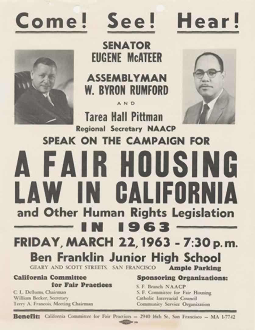 A 1963 flyer for presentations on the campaign for a fair housing law in California sponsored by the San Francisco branch of the NAACP and others.