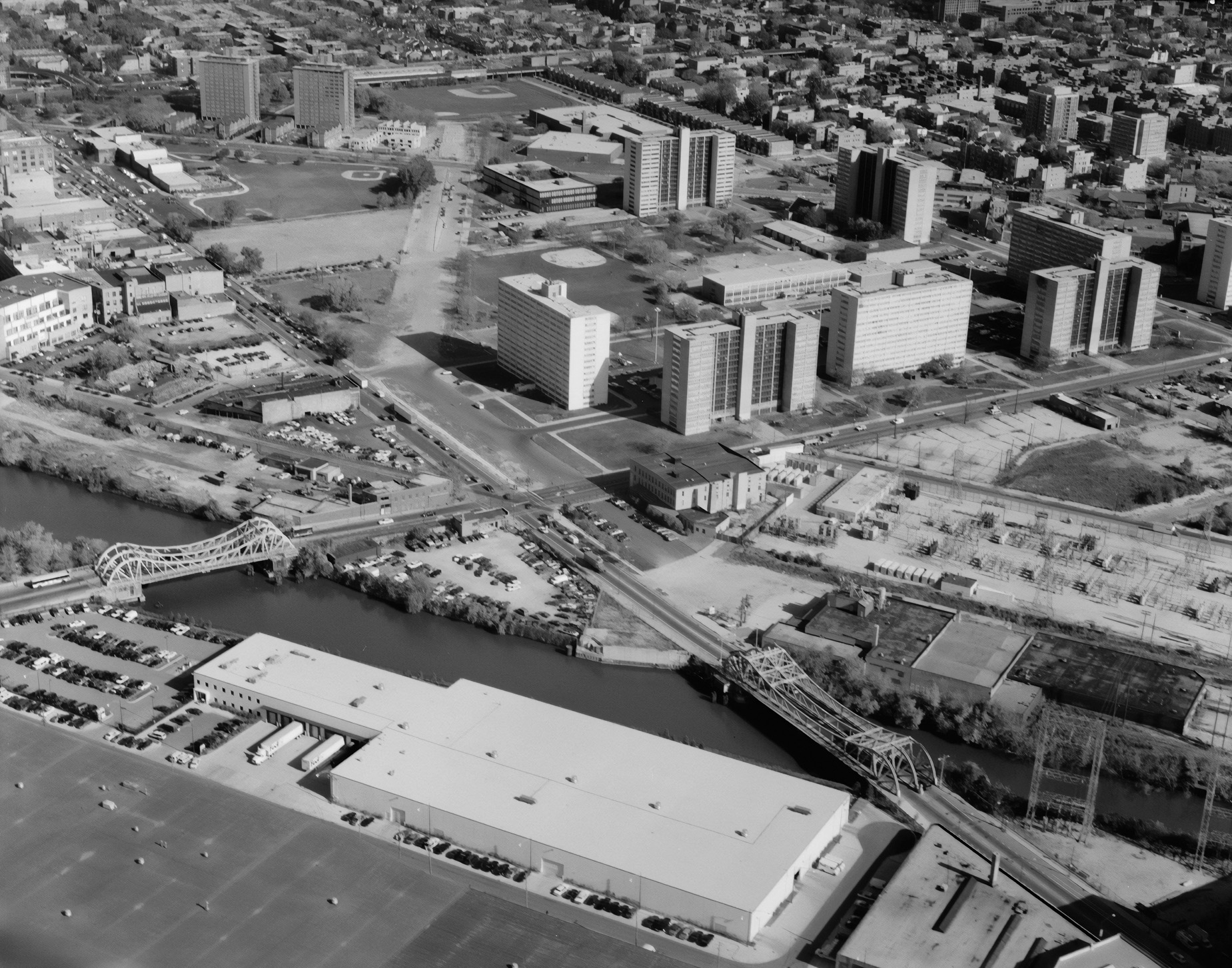 Aerial view of the Cabrini-Green public housing developments in Chicago, IL.