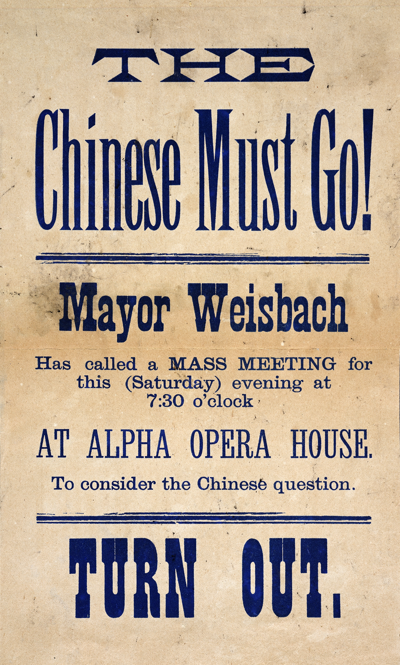 Following a massacre of Chinese miners in the Wyoming Territory in 1885, cities throughout the West organized to harass and expel Chinese immigrants. This broadside advertises an anti-Chinese rally in Tacoma, Washington.