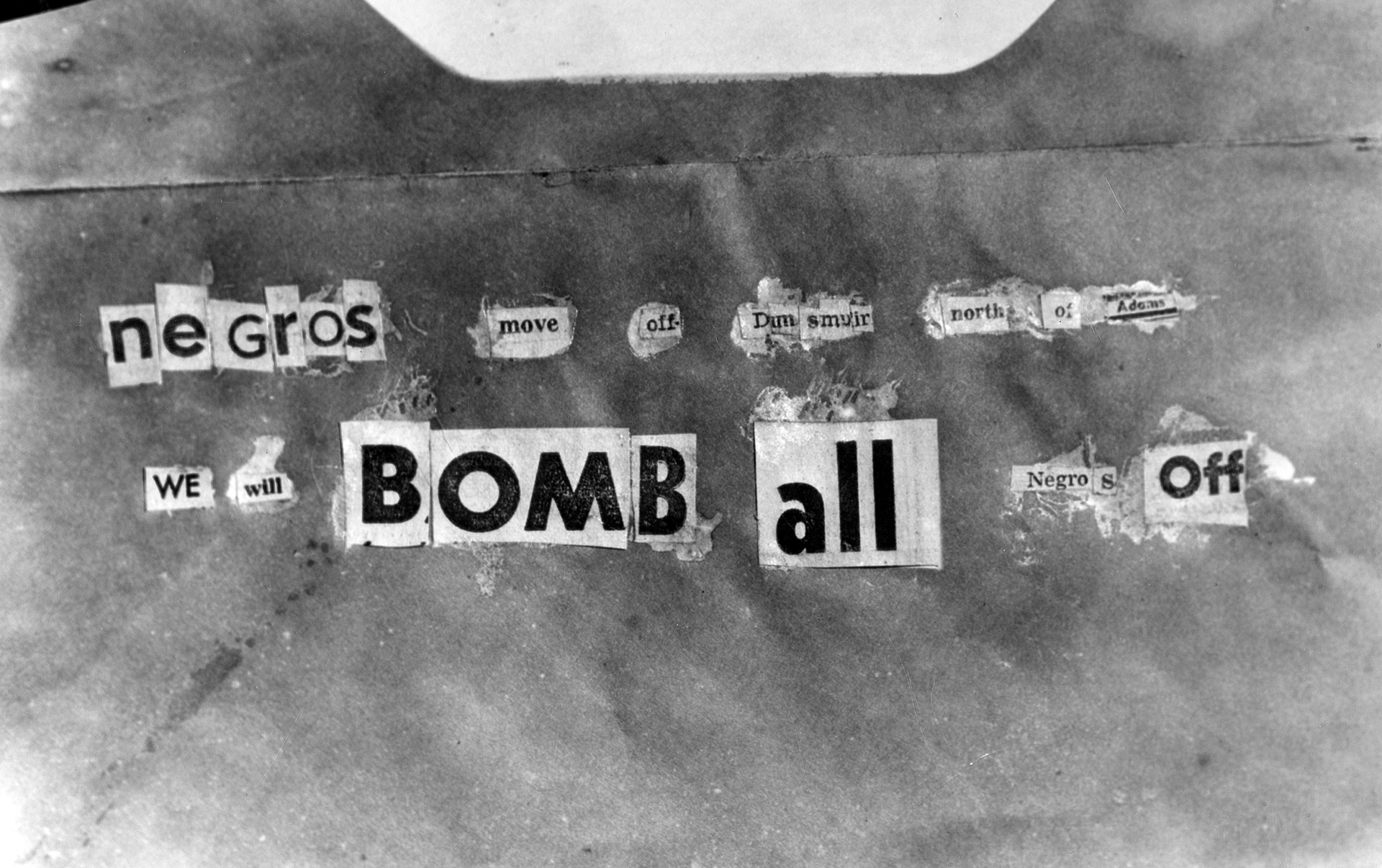 Copy of bomb threat found at William Bailey's house in Los Angeles, taken in March 1952.