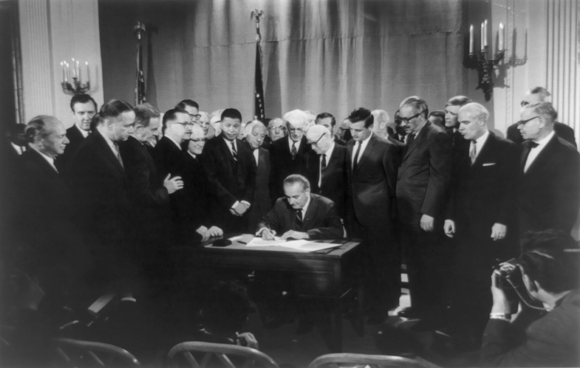 President Lyndon Baines Johnson signing the 1968 Civil Rights Act that included fair housing on April 11, 1968.