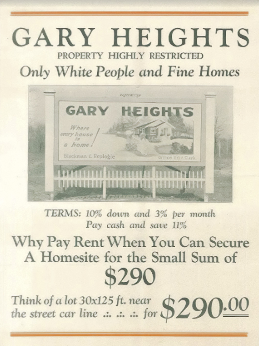 An advertising booklet for Gary Heights, Indiana, highlighting its restricted nature of "Only White People and Fine Homes" from the mid-1920s.