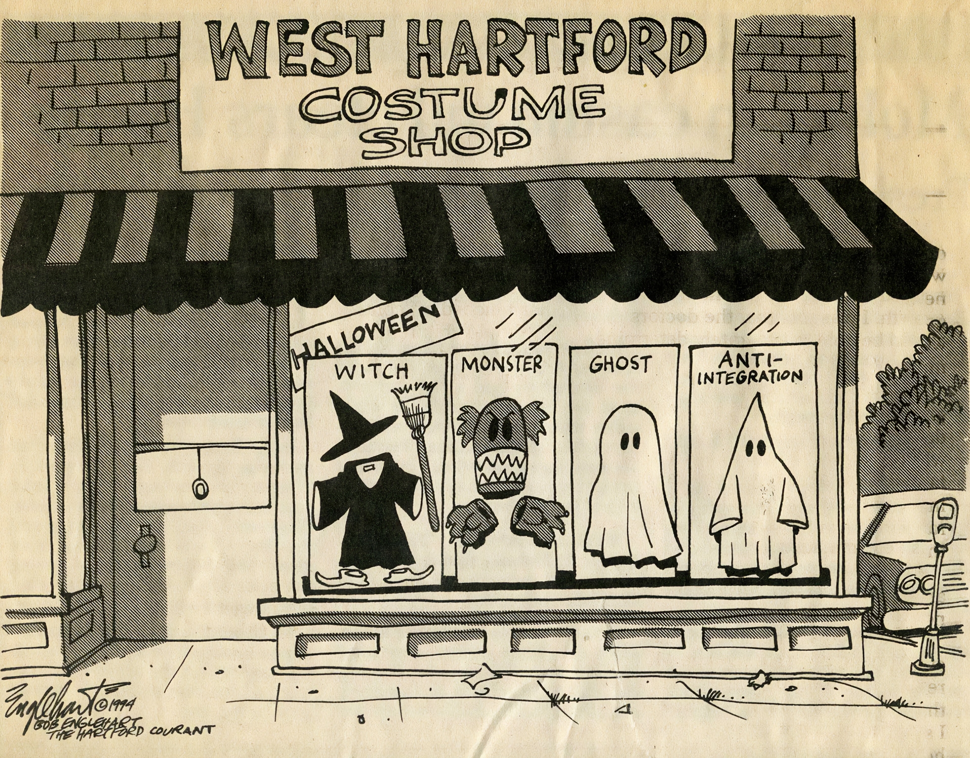 This cartoon from 1994 takes the harmless concept of a costume shop to a sinister level - one of the costumes in the shop is a KKK robe with the title "anti-integration."