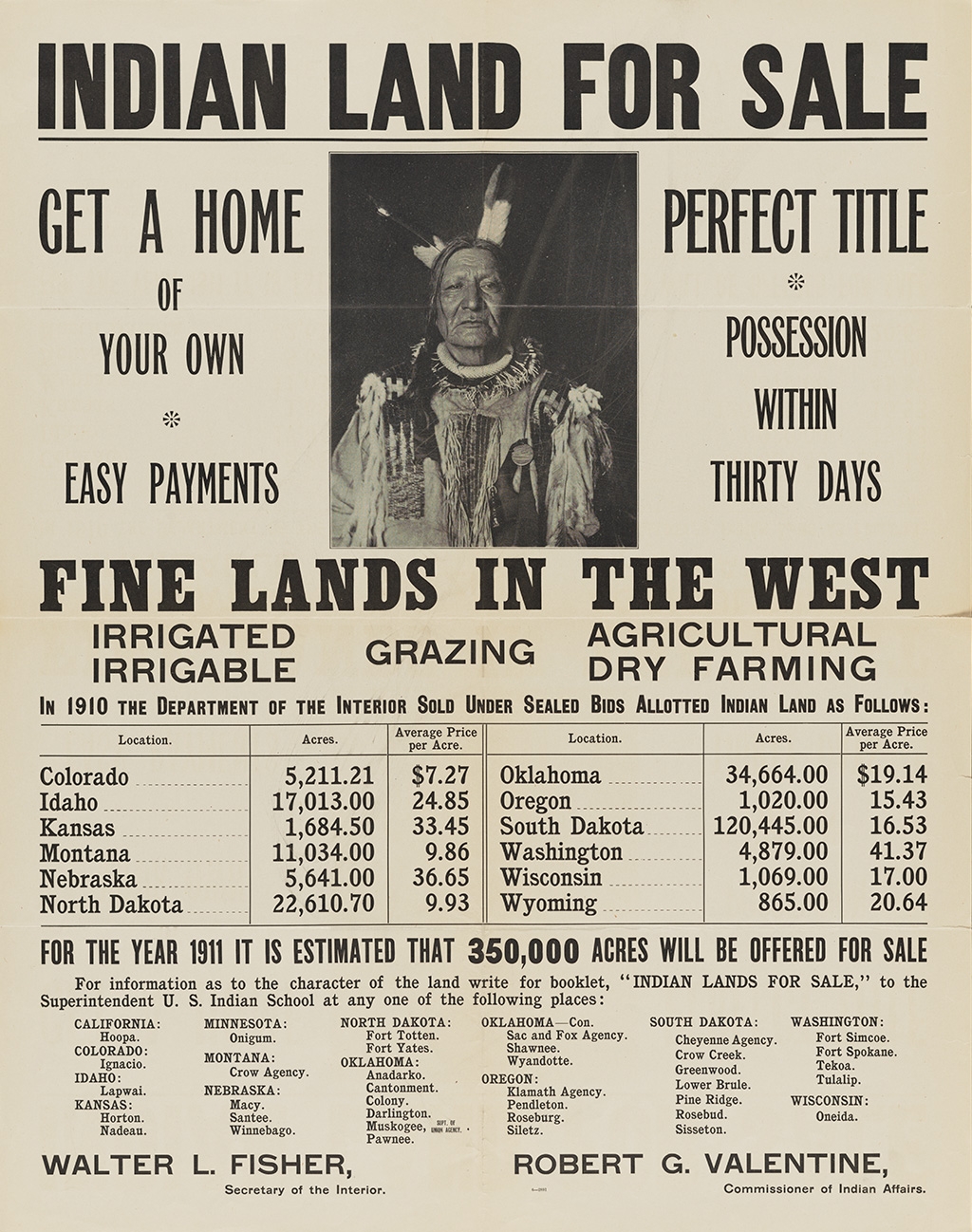 Print advertising land for sale by the United States Department of the Interior in 1911.