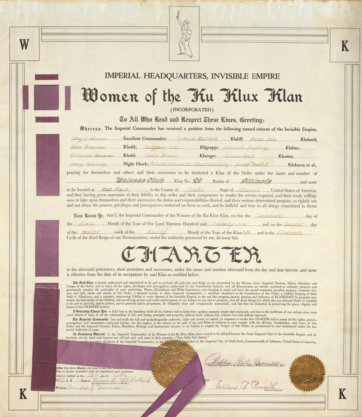 A new chapter of the Women of the Ku Klux Klan was chartered in 1926 in Oak Park, though area Klanswomen had been meeting since 1924. This autonomous organization grew out of the rebirth of the KKK but was self-governing and not under the auspices of the men's KKK. Note the innocuous name the Walosas Club on the 1926 charter, further cloaking the secret society in the shadows.