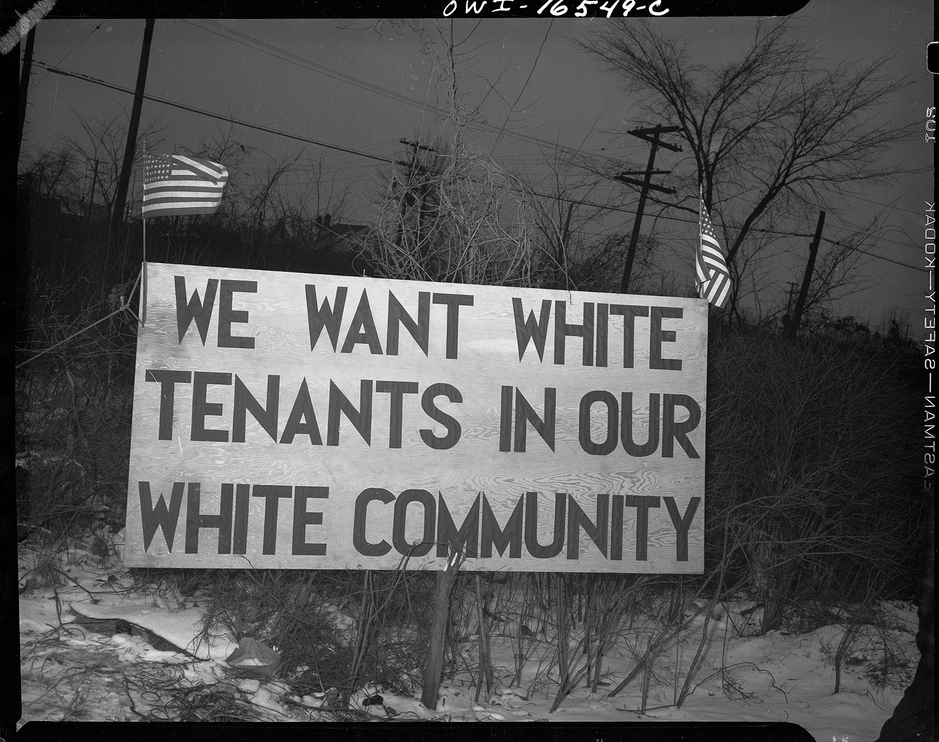 White residents living near the proposed site for Detroit Housing Authority's Sojourner Truth Homes protested and rioted to prevent Black defense workers from moving into the new units. They placed this sign directly across from the Sojourner Truth Homes.