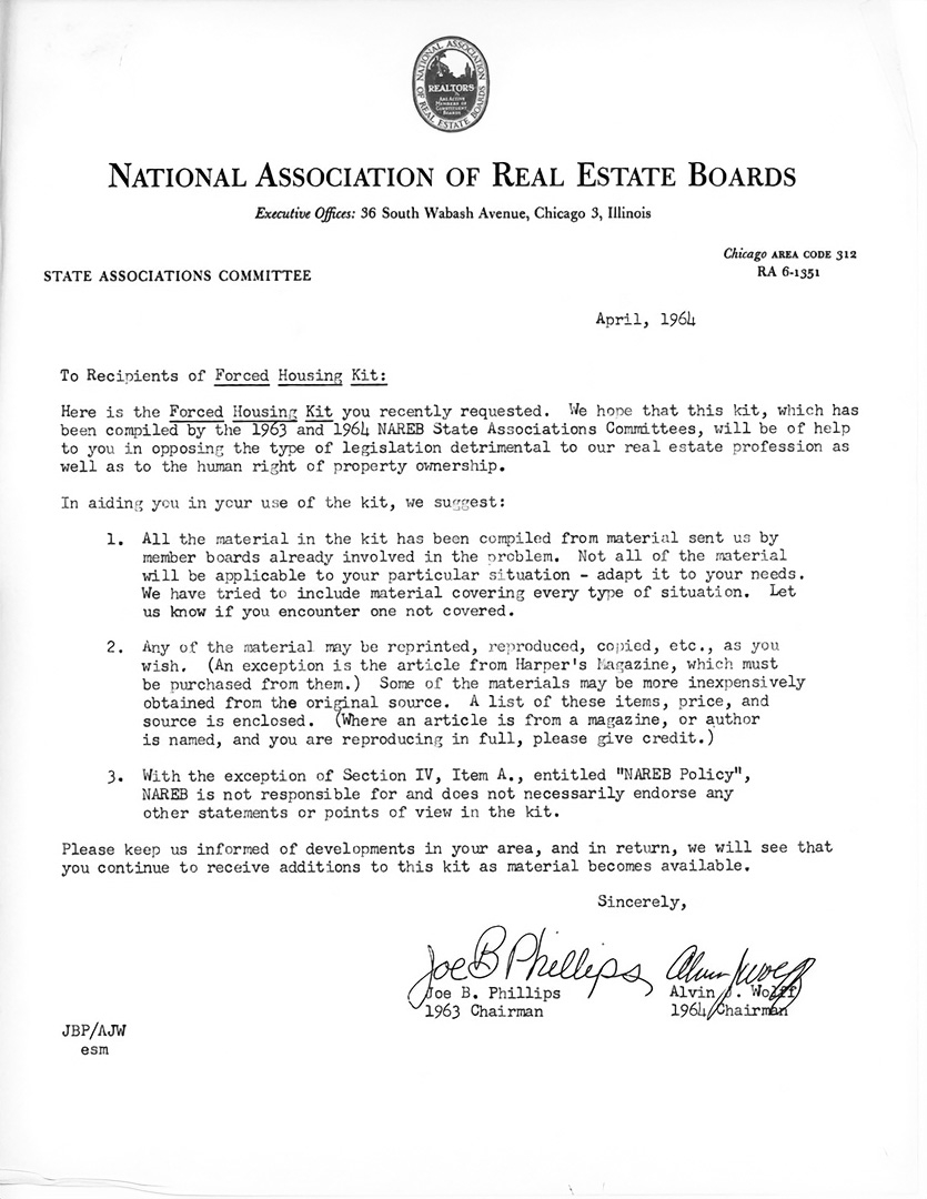 An information packet sent by the National Association of Real Estate Boards (NAREB) to help recipients fight against local fair housing legislation in the 1960s.