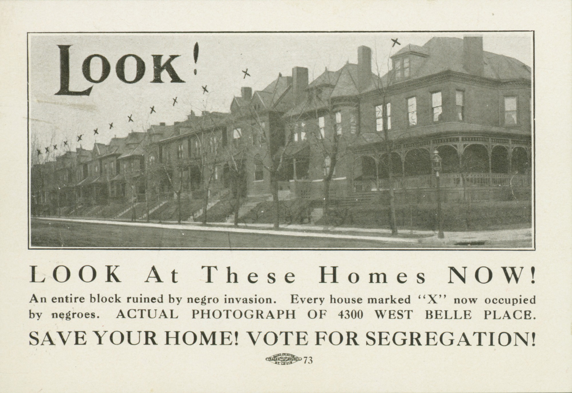 A 1916 postcard from the United Welfare Association warning of "invasion" and asking recipients to vote for segregation to save their homes.