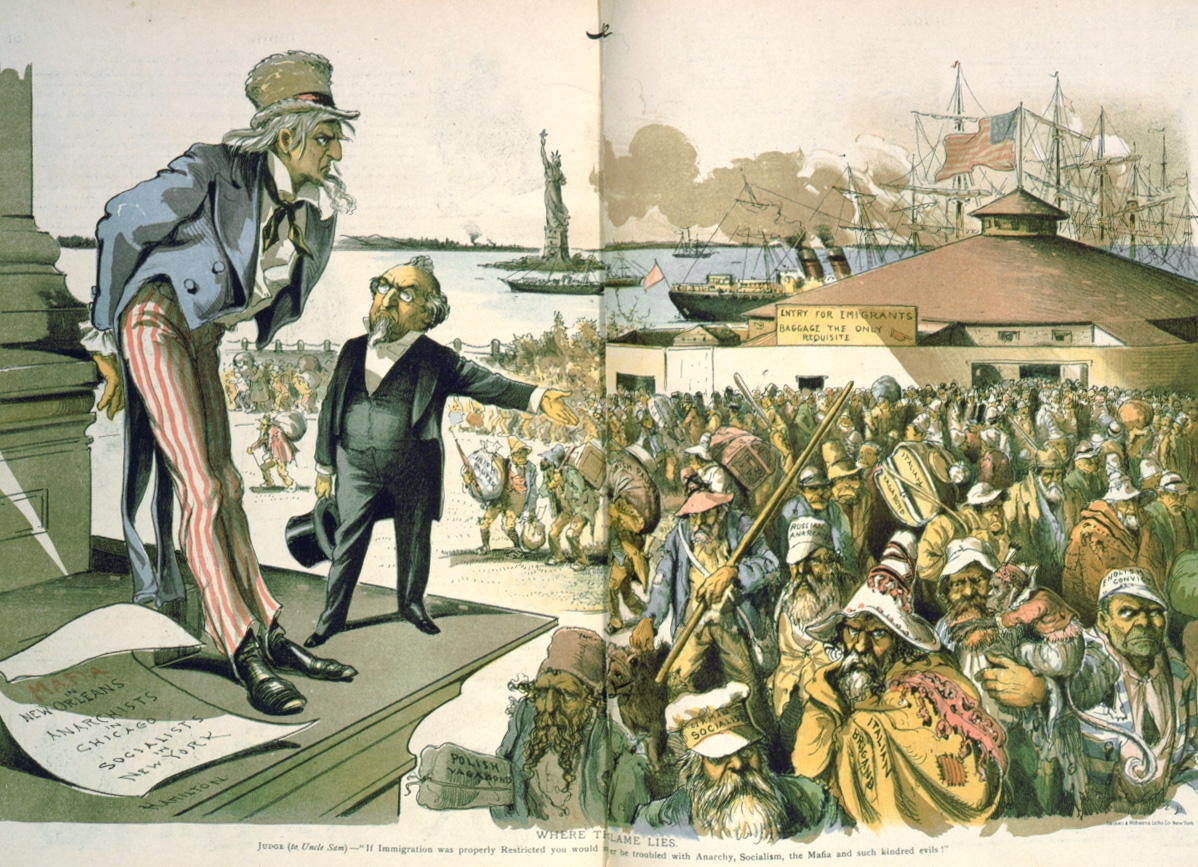 A political cartoon published in Judge Magazine in April 1891 that presents immigrants as the cause of the nation’s problems. The cartoon's purpose was to advocate for a constitutional amendment to restrict Jewish and Catholic immigration.