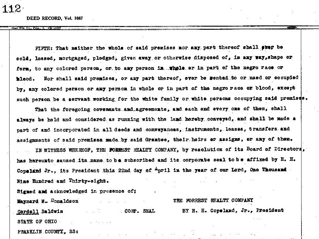 Restrictive covenants on deeds such as this one from Bexley, Ohio illustrate the type of language used to limit roles of Black people to servitude and exclude them as residents.