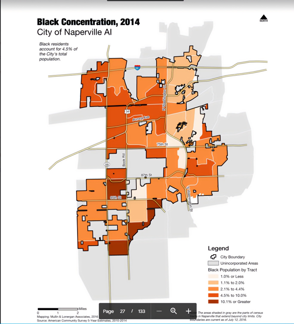 A map from the 2017 report on challenges for affordable housing in Naperville reveals a city still largely divided along racial and class lines.