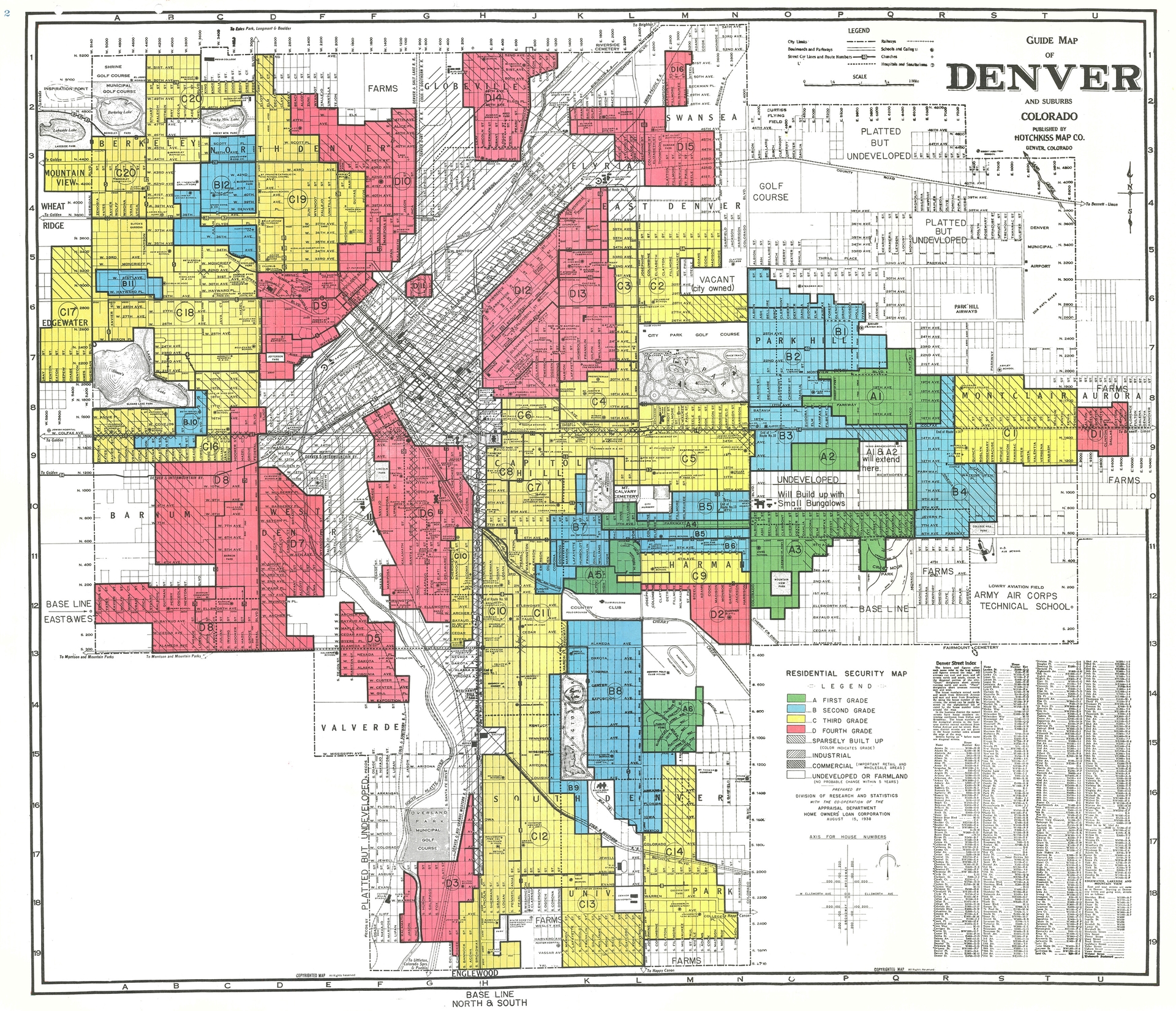 A Home Owners' Loan Corporation (HOLC) residential security map of Denver, Colorado.